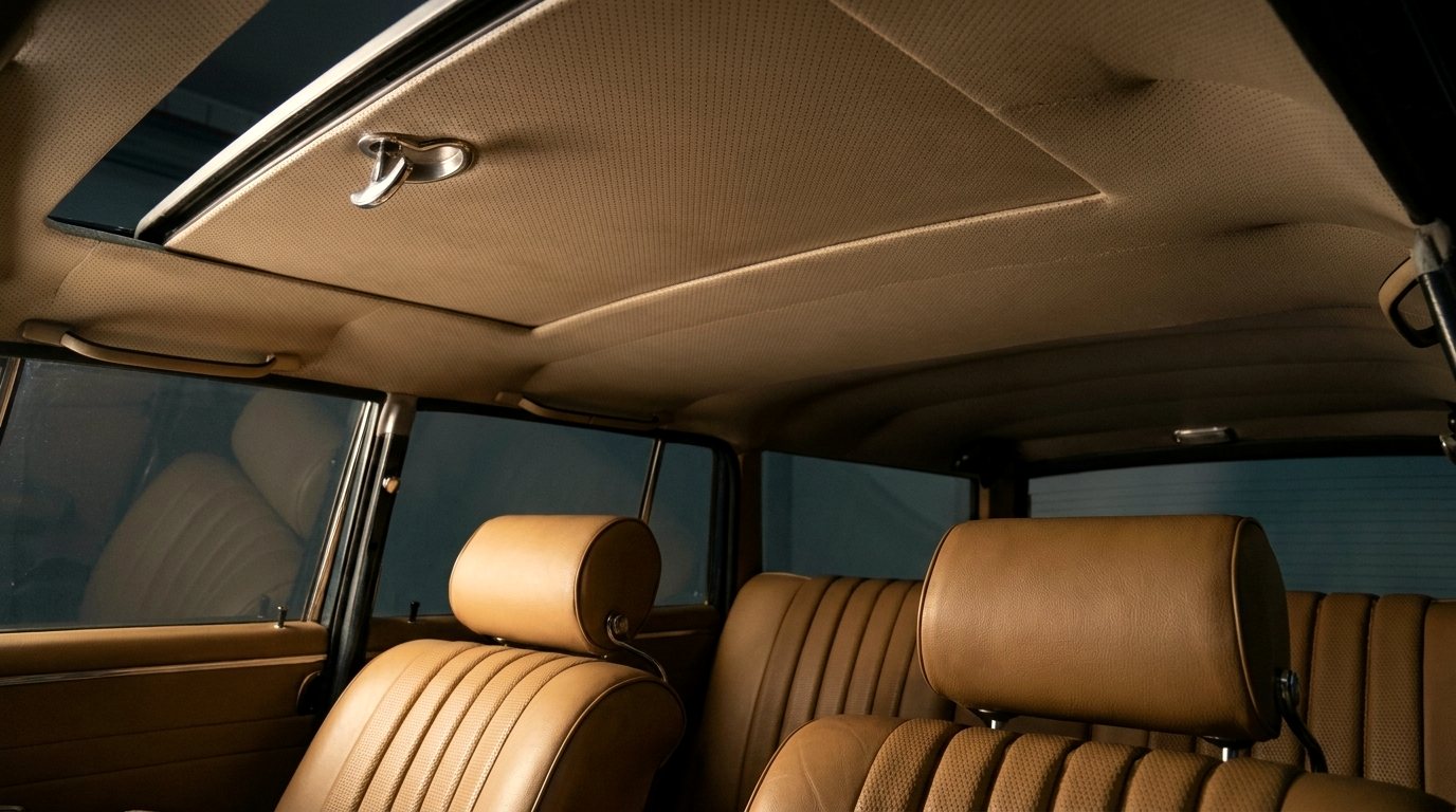 Neu bezogener beiger Dachhimmel in einem Mercedes-Klassiker.