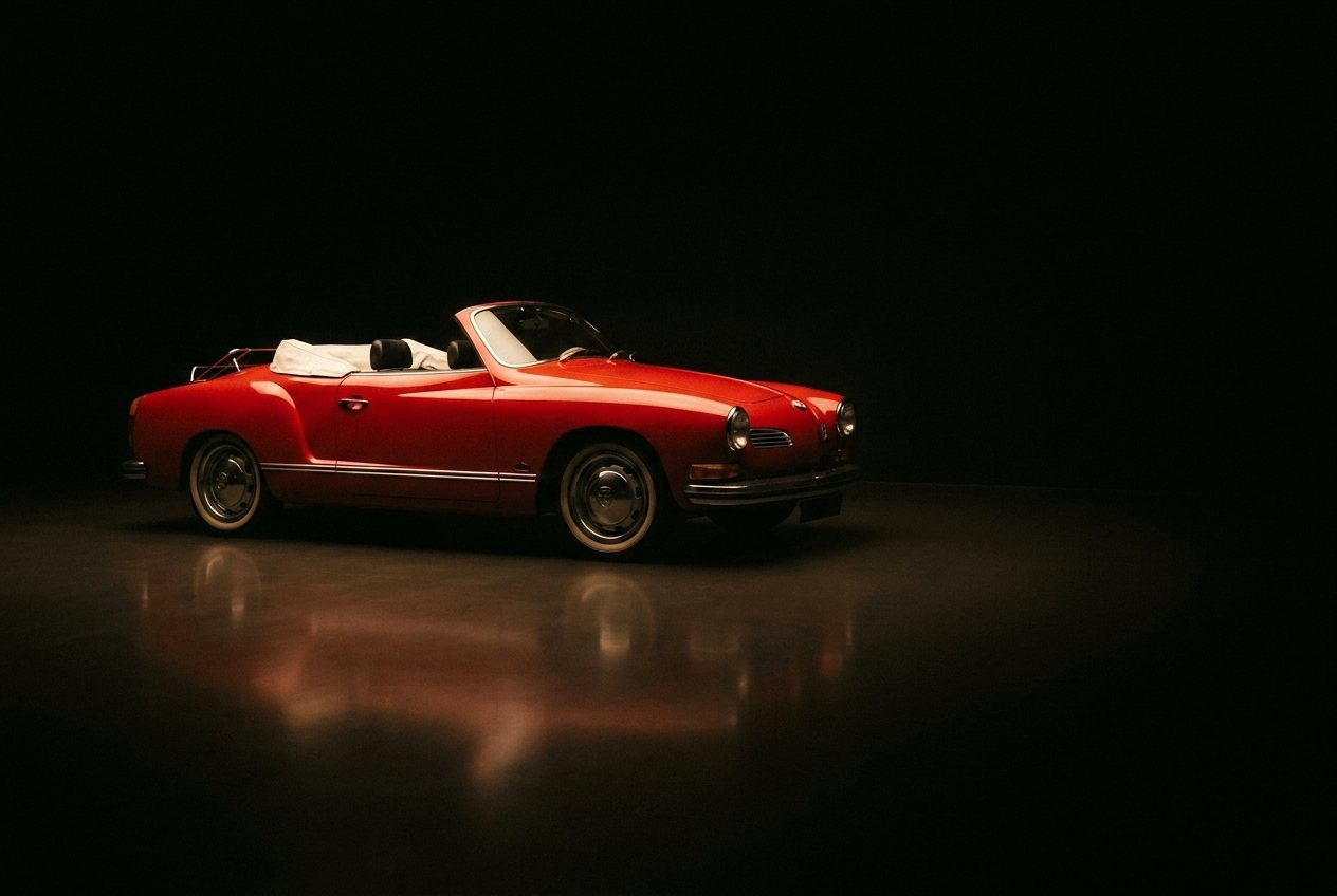 Roter VW Karmann Ghia Cabrio mit neu aufgearbeitetem Verdeck.