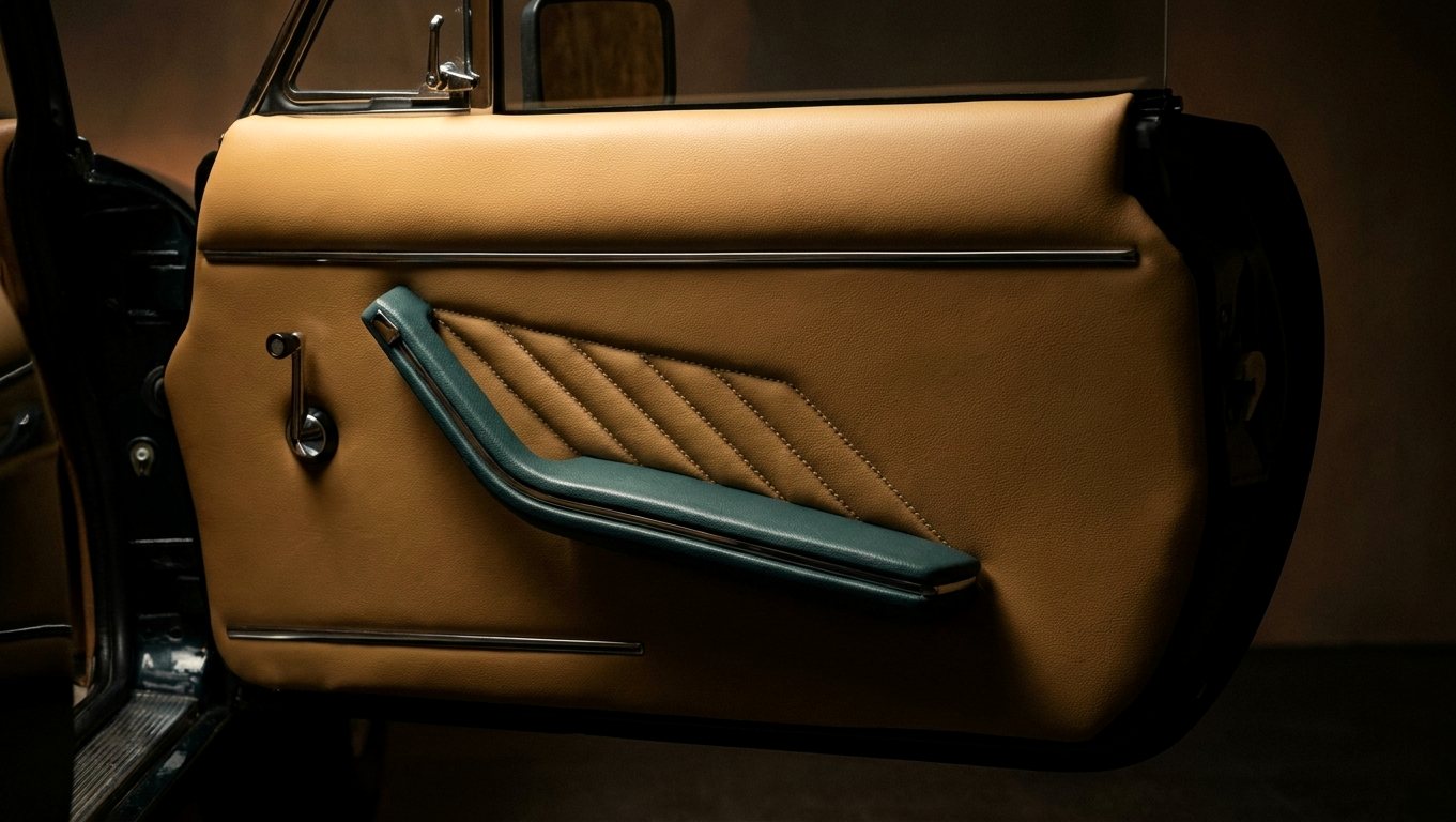 Türverkleidung in Tan-Leder mit petrolfarbener Armlehne.